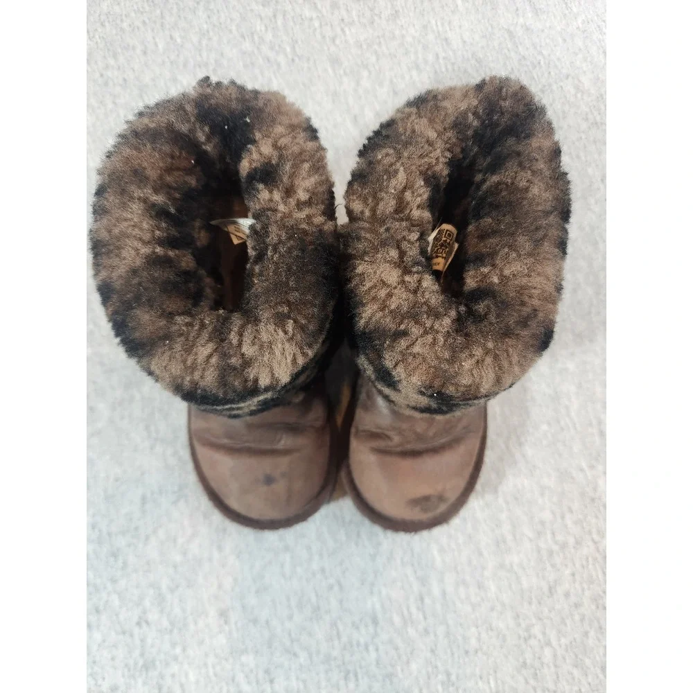 UGG Boots Kids Size 10 Brown Leopard Print Leather Buckle Winter Boots
